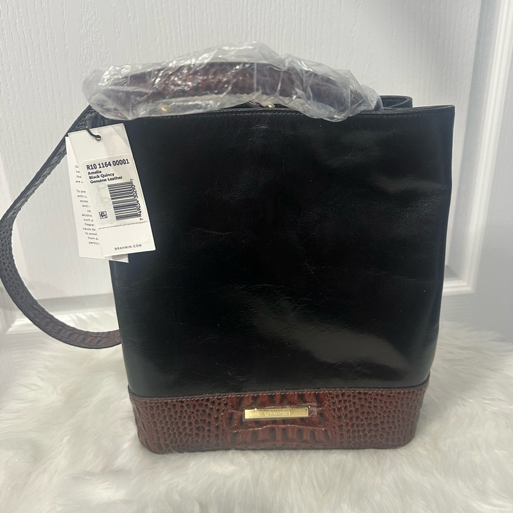 Brahmin Amelia Bucket Bag in Black Quincy and Pecan Whitney NWT